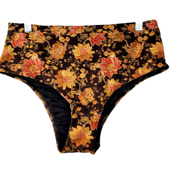 Minkpink Emilia High Waisted Vintage Floral Swim Bottoms Large Brown/Orange - Picture 1 of 6